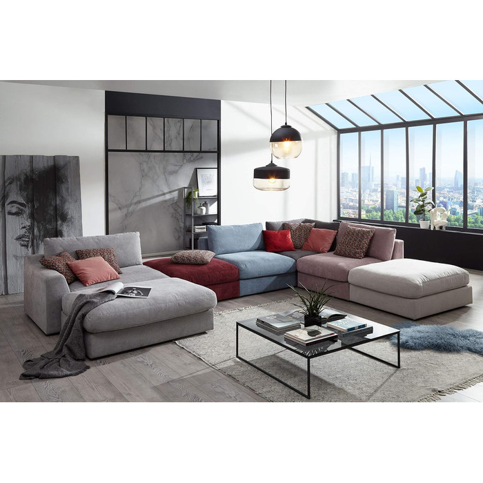 Великий диван Cavadore Fiona / Великий диван із подушками для спини у сучасному дизайні / 274x90x112 / Ткана тканина кремового кольору