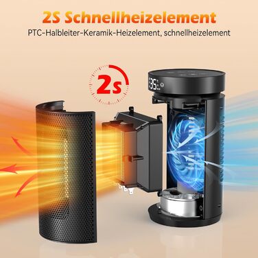 Ефективний, енергозберігаючий вентилятор-обігрівач, керамічний PTC потужністю 1500 Вт, тихий лише 34 дБ З термостатом, 12-годинним таймером та безпечним захистом від перегріву та перекидання - ідеально підходить для спалень з дистанційним керуванням, чорн