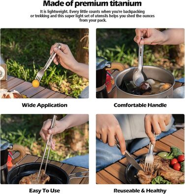 Титанові кемпінгові аксесуари Boundless Voyage, ніж, ложка, виделка, набір паличок для їжі, надлегкий набір столових приборів для супу, їжі, салату, пасти (ti1125t-d)
