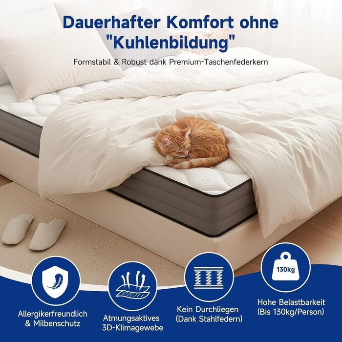 Матрац HAUSPROFI з 7-зонними пружинами Pocket Spring 90x200 см H3 Ортопедичний гібридний матрац з 1000 пружинами та піною з ефектом пам&39яті Сертифікований Oeko-TEX, повітропроникний та точково-еластичний 30-денний пробний період Висота 20 см H3 90 x 200