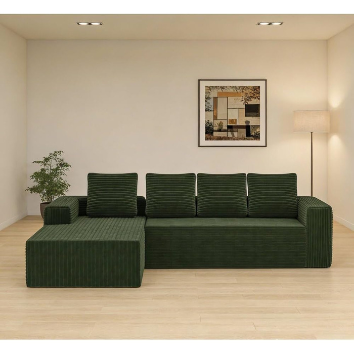 Кутовий диван, 4-місний диван, 3-місний диван, модульний компресійний диван з L-подібним шезлонгом, не потребує складання (плюс вельветова тканина) (зелений)