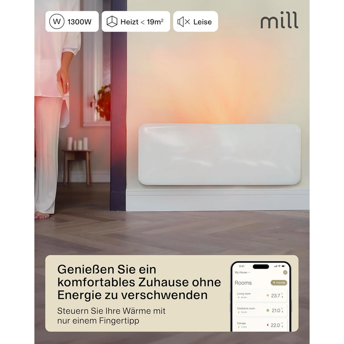 Електричний радіатор Mill Invisible WIFI 1300 Вт, розумний енергозберігаючий електричний обігрівач для 15-19 м, електричний радіатор для ванної кімнати, настінний обігрівач, електричний радіатор, розроблений у Норвегії - білий 15-19 м
