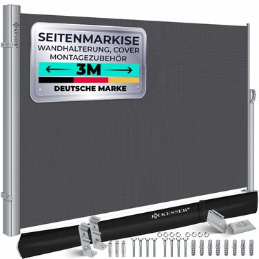 Алюмінієва бічна маркіза KESSER, розсувна та непрозора, 300 x 180 см Захист від вітру та приватності в саду з автоматичним механізмом згортання для балкона та патіо Бічна штора, включаючи дощовик з настінним кріпленням, темно-сіра, 300 x 180 см