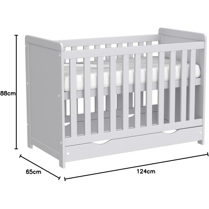 Дитяче ліжко Love For Sleep 120x60 см, біле, з шухлядою та захистом від падіння дерев&39яне ліжечко, 3-позиційна регульована висота рейкова основа, що трансформується в ліжечко для малюків, захисний бар&39єр у комплекті