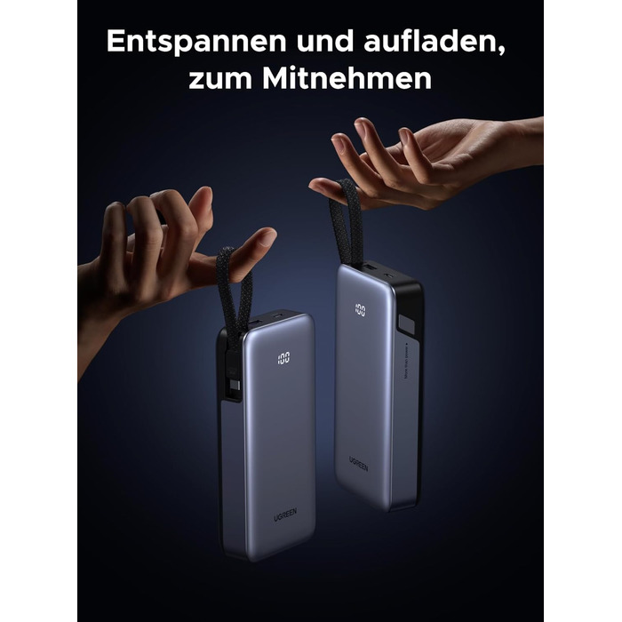 Зовнішній акумулятор UGREEN Power Bank, швидка зарядка 20000 мАг 45 Вт з вбудованим кабелем USB-C та двонаправленою зарядкою 45 Вт, сумісний з Galaxy S25 Ultra/S25, iPhone 17/16 серії, iPad, ноутбуком та іншими пристроями