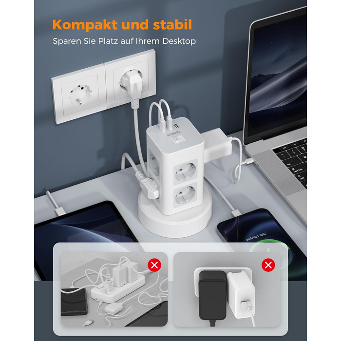 Розетка TESSAN на кілька штепсельних розеток з USB, розетка на 8 відділень з висувним подовжувачем, розетка на кілька штепсельних