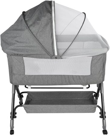 Дитяче ліжечко-колиска, 4-рівневе регулювання висоти, 3-в-1 дитяче ліжко та колиска, ліжечко з колесами, москітна сітка, нахил 20, 104 x 52 x 100-110 см Linen Grey