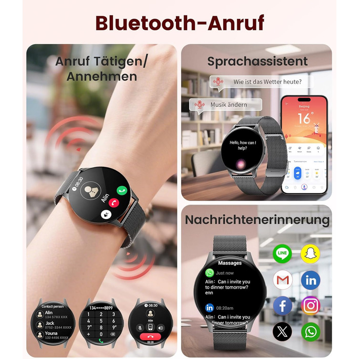 Жіночий смарт-годинник LIGE (2 ремінці), 1,43-дюймовий HD AMOLED-дисплей, смарт-годинник з функцією телефону, фітнес-годинник, спортивний годинник з понад 120 спортивними режимами, відстеження сну, відстеження менструального циклу, годинник для iOS/Androi