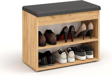 Лавка для взуття KOMTO з сидінням - Полиця для взуття Лавка з місцем для зберігання Медовий дуб 60 x 48 x 32 см Маленька шафка для взуття з лавкою Лавка для передпокою Гардеробна лавка Sofia Медовий дуб Оббивка сіра 60 x 48 x 32 см