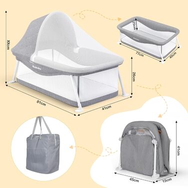 Дорожнє ліжечко Ezebaby, маленьке складне дитяче ліжечко з сумкою для зберігання, москітною сіткою та іграшками, підходить для дітей 0-5 місяців (сіре)