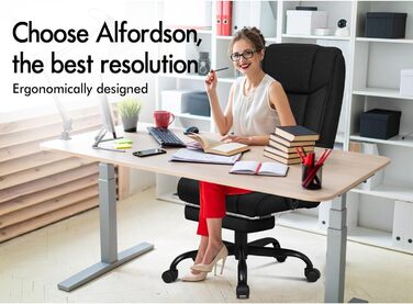 Ергономічне офісне крісло ALFORDSON, комп&39ютерне крісло з підставкою для ніг, сітчасте крісло з високою спинкою, поворотне крісло з нахилом 150, тканина, чорний колір (лляна тканина), серія Boss