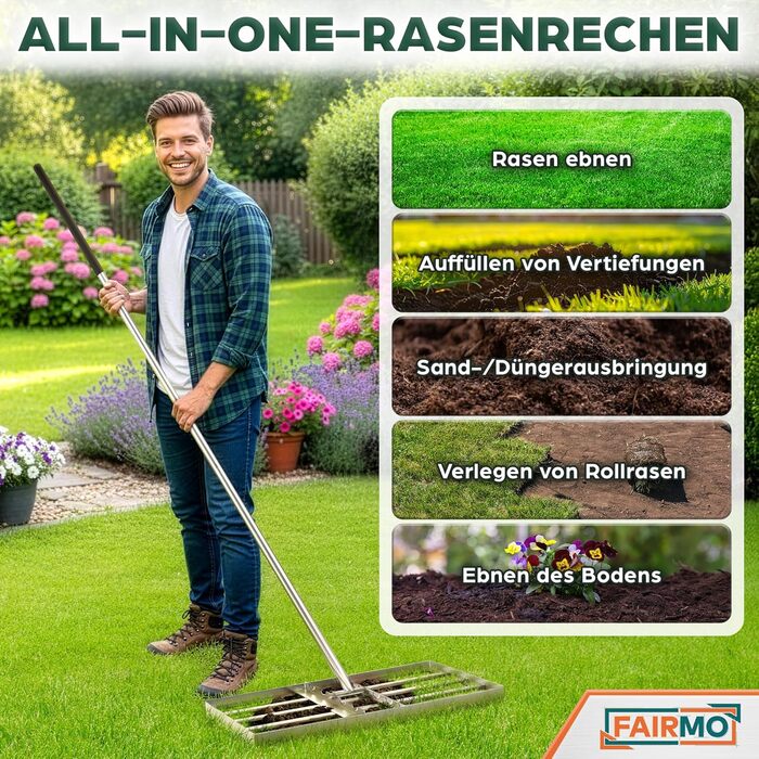 Зручний металевий рівняльник для газону (75x35 см) від Fairmo для насиченого зеленого газону - рівняльник для газону з ручкою 2 метри - інструмент для догляду за газоном з вирівнюючими зубцями - широкий граблі для піскування газону