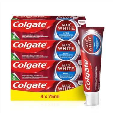 Зубна паста Colgate Max White Optic 4x75 мл видаляє до 100 пігментного кольору для миттєвого відбілювання зубів* і білосніжної посмішки Зубна паста 4x75 мл