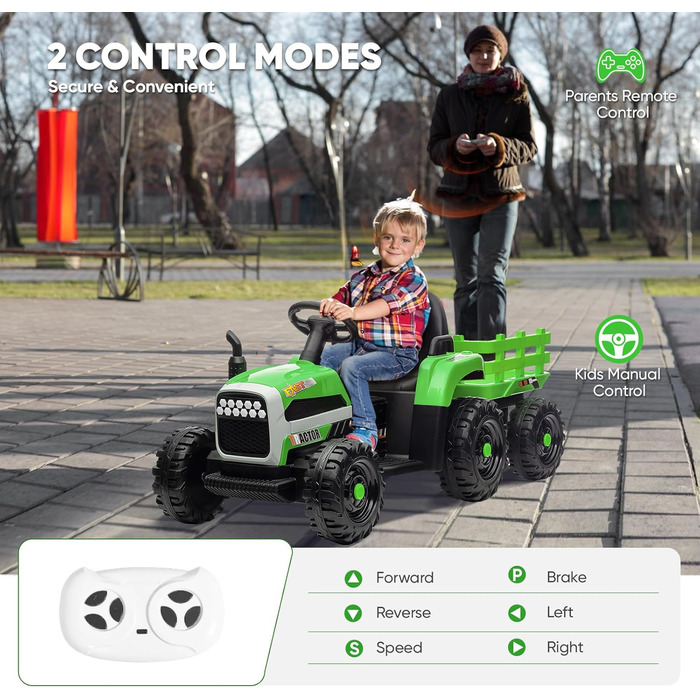 Дитячий електричний трактор, 12В 3-швидкісний трактор зі знімним причепом та пультом дистанційного керування 2.4G, дитячий електро