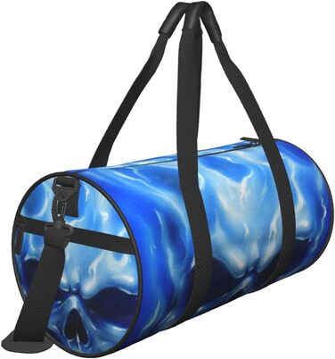 Синя смугаста сумка-дорожня сумка з черепом, кругла, великої місткості, легка та міцна, подарунок для походів, відпустки, ділових поїздок та іншого, синій полумяний череп, універсальний розмір