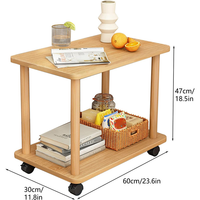 Дерев&39яний журнальний столик на колесах 2-рівневий маленький журнальний столик, 603050 см, обертовий на 360 градусів буфет з ніжками з масиву дерева, легко збирається, 2-рівнева відкрита полиця, маленький журнальний столик / столик для дивана
