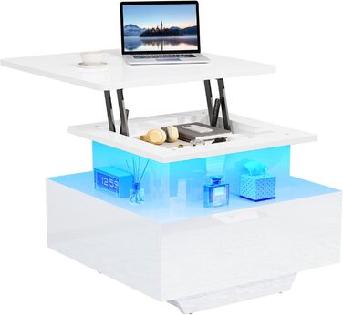 Журнальний столик з регульованою висотою та світлодіодним освітленням, сучасний, 60x60x45 см, глянцевий стіл для вітальні з відкритою полицею та 2 шухлядами, білий