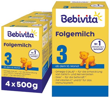 Молочна суміш Bebivita 3 для дітей віком від 10 місяців (4 x 500 г), з вітамінами C та D, Омега-3 (DHA, ALA), що насичує дитину відповідно до віку