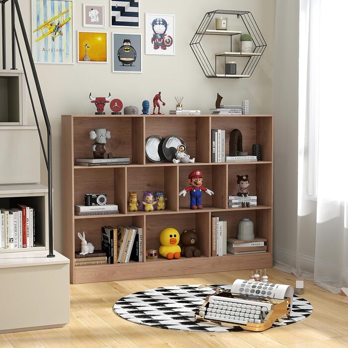 Книжкова полиця COSTWAY з 10 відділеннями, 3-рівнева окремостояча полиця, кубічна полиця, офісна полиця, полиця для зберігання речей для вітальні, спальні, кабінету, офісу, 140 x 24 x 104 см (натуральний колір) Натуральний 10 відділень (140 x 24 x 104 см)