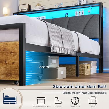 Ліжко 140x200 з металевою рейковою основою, каркас ліжка 140x200 см зі світлодіодним освітленням та зарядною станцією (2 розетки змінного струму та 2 порти USB), дитяче ліжко, двоспальне ліжко з 2 великими шухлядами, сірий колір, 140x200 см