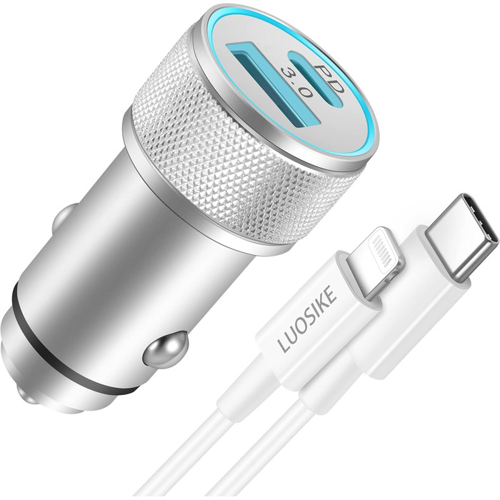 Адаптер LUOSIKE 20 Вт прикурювача USB C з кабелем блискавки 1 м, автомобільний зарядний пристрій для мобільних телефонів, двопорто
