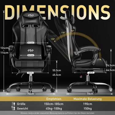 Ігрове крісло, Ергономічне ігрове крісло з пружинними подушками Pocket Spring, Гоночне ігрове крісло з підставкою для ніг, Поперекова підтримка, Регульоване офісне крісло, вантажопідйомність 150 кг, Комп&39ютерне крісло чорного кольору