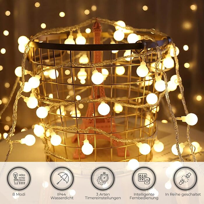 Казкові вогні на відкритому повітрі - 27M 200 світлодіодних кульових ланцюжків з 8 режимами IP44 водонепроникний, вечірній світлов