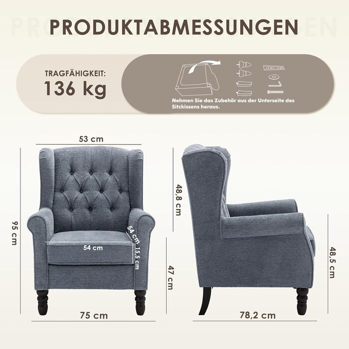 Крісло для вітальні COLAMY у стилі середини століття, м&39яке крісло з вигнутою спинкою та прошивкою ґудзиками, крісло для відпочинку з тканинним чохлом та ніжками з масиву дерева для вітальні, офісу, кафе - синє, комплект з