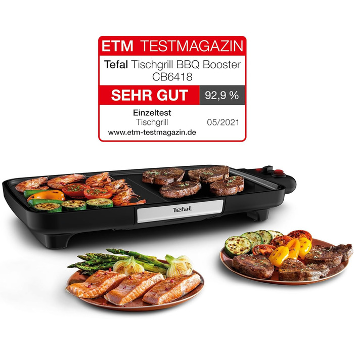 Гриль для барбекю Tefal CB6418 Зона підвищення потужності 2200 Вт Антипригарне покриття 6-рівневий термостат Піддон для крапель можна мити в посудомийній машині Термо-спот надзвичайно велика поверхня гриля Чорний