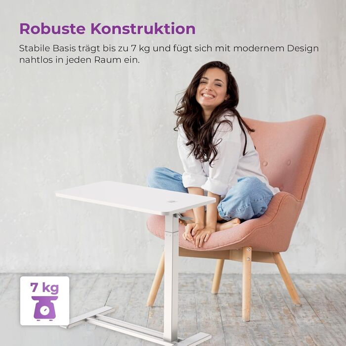Бічний столик Spacetronik з регульованою висотою, мобільний журнальний столик з прихованими колесами, столик для ноутбука з ручним регулюванням висоти 66106 см, тумбочка для дивана, ліжко (білий/дерево, 80x45 см) білий/дерево 80x45 см