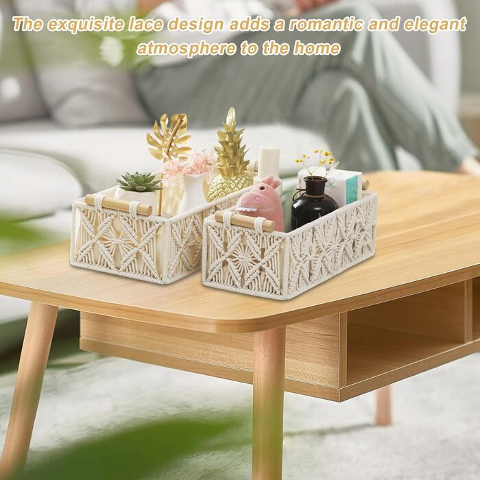 Кошики для зберігання макраме кошик для зберігання в стилі бохо з дерев&39яною ручкою, кошик для зберігання у ванній кімнаті, набір плетених кошиків макраме ручної роботи для ванної кімнати, спальні та гардеробної, 2