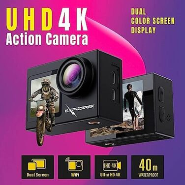 Підводна камера Exprotrek Action Cam 4K Водонепроникна 40M Ultra HD 20MP камера 170 Надширококутна Wi-Fi відеокамера Стабілізація EIS з двома акумуляторами 1350 мАг