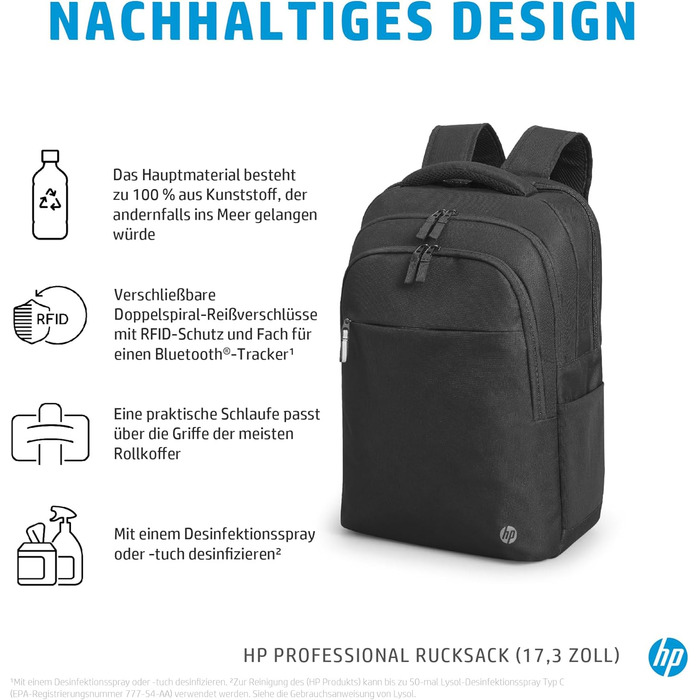 Рюкзак для ноутбука HP Professional 17,3 дюйма, водовідштовхувальний, захист RFID, перероблені матеріали, подвійна застібка-блиска