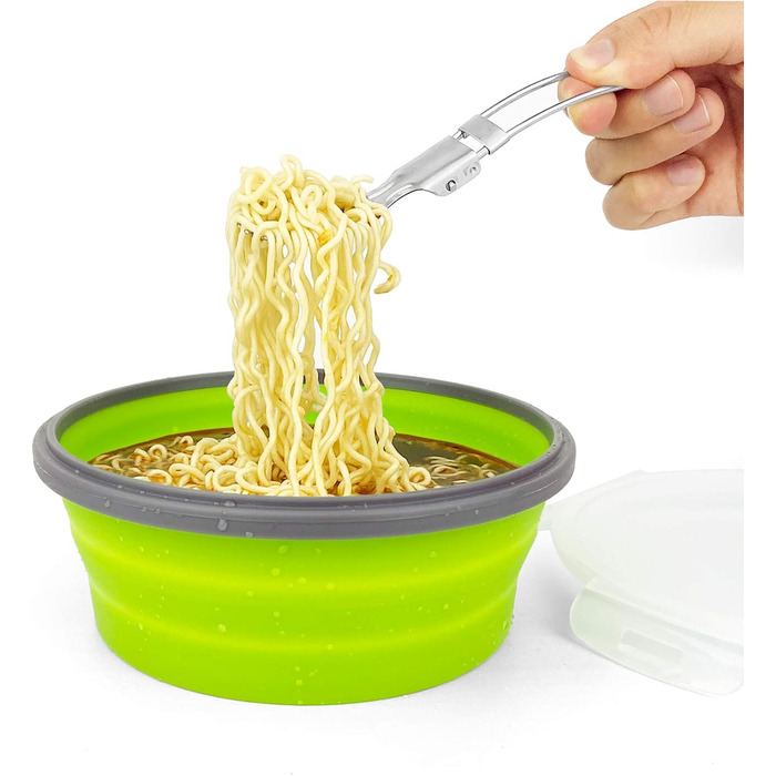 Кругла складна кемпінгова миска об&39ємом 1200 мл, силіконовий контейнер для зберігання їжі, силіконова миска з кришкою та складною ложкою 2-в-1, придатна для використання в морозильній камері та мікрохвильовій печі, зелена.