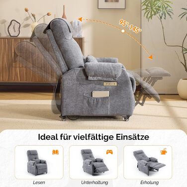 Крісло Bonnlo Recliner, електричне масажне крісло з функцією відкидання, крісло для телевізора, 2-точковий масаж та функція підігріву, порти USB-C та USB-A, 1 бічна кишеня (тканина шеніл, темно-сірий)
