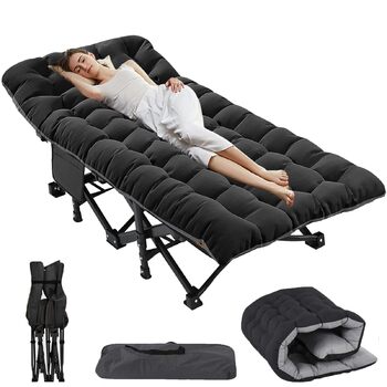 Шезлонг, розкладне ліжко 198x81 см, туристичне ліжко, гостьове ліжко, розкладне крісло-шезлонг, вантажопідйомність 200 кг, садовий шезлонг з матрацом, бічною кишенею та підголівником, розкладне ліжко для кемпінгу в приміщенні/на вулиці (чорне), розкладне 