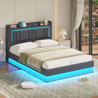 Ліжко зі світлодіодним освітленням, гідравлічне ліжко 140x200 см, м&39яке ліжко, узголів&39я з місцем для зберігання, зарядна станція, каркас ліжка з рейковою основою, візуальний ефект &quotплаваючий&quot, спальня, лляна тканина сірого кольору 140 x 200 С