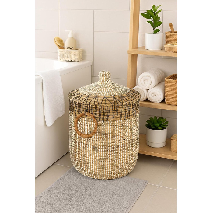 Кошик Kobolo BIRA зі зміями та морською травою Ø 31 см, В 44 см Кошик ручної роботи з кришкою бежевого кольору Органайзер Декоративний кошик Виготовлений з натурального матеріалу для іграшок, газет або книг
