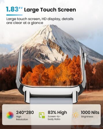 Розумний годинник для чоловіків та жінок з монітором/ЕКГ/ВСР/фітнес-годинник 1,83 дюйма з 24-годинним вимірюванням серцевого ритму/артеріального тиску/SpO2/сну/екстреного виклику SOS, понад 145 спортивних режимів, фітнес-годинник, крокомір, iOS, Android, 