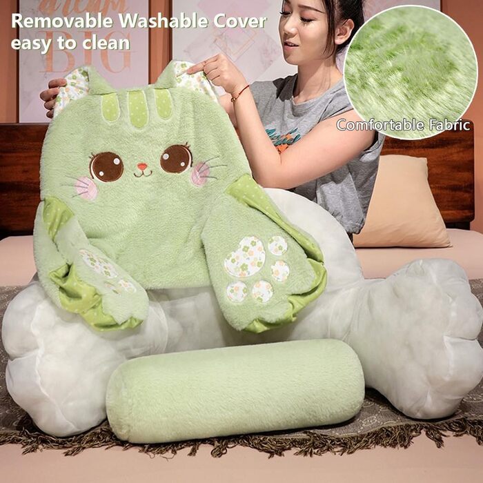 Плюшева подушка для читання з котом поперекова підтримка, мяка подушка зі знімним валиком для шиї та підлокітником, подушка для спини для ліжка/дивана, ідеально підходить для читання, перегляду телевізора, ігор (біла, 80 см Д x 50 см В) Біла 31,5&39 Д x 1