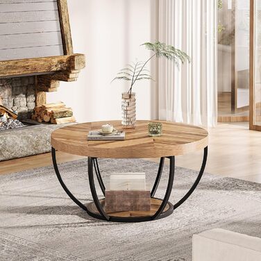 Круглий журнальний столик Tribesigns, промисловий 2-рівневий круглий журнальний столик з полицями для зберігання, сучасний дерев&39яний акцентний центральний столик, диван, бічний столик для вітальні, домашній офіс з деревним рисунком