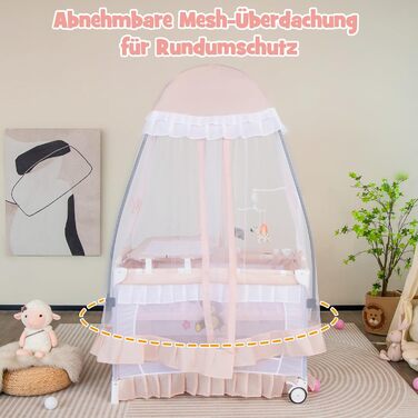 Дитяче ліжечко COSTWAY 4-в-1 зі знімним балдахіном, дорожнє ліжечко з матрацом, пеленальний килимок, ігрова арка та музична скринька, приліжкове ліжечко з колесами, складне дорожнє ліжечко для малюків 0-36 місяців (рожеве)