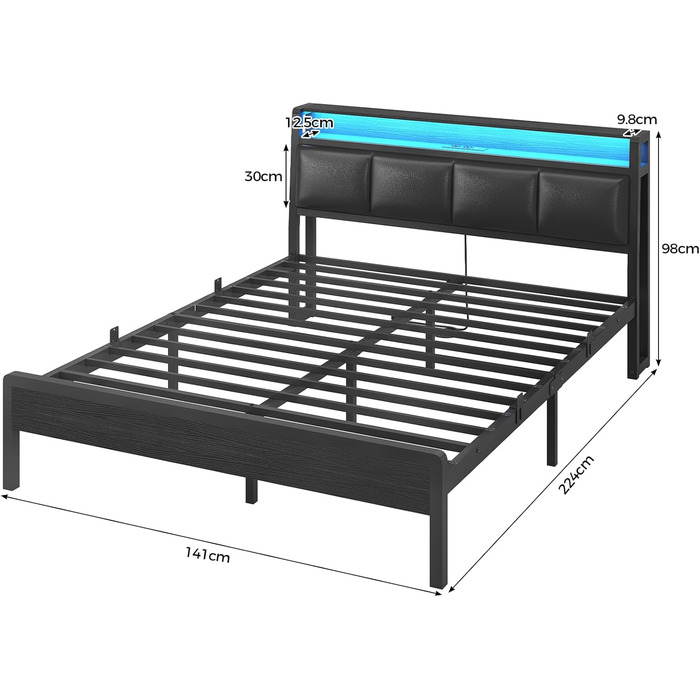 Ліжко 140 x 200, ліжко зі світлодіодним підсвічуванням, м&39яке ліжко 140x200, зарядна станція, каркас ліжка з рейковою основою, для спальні, гостьової кімнати, чорний 140 x 200 см