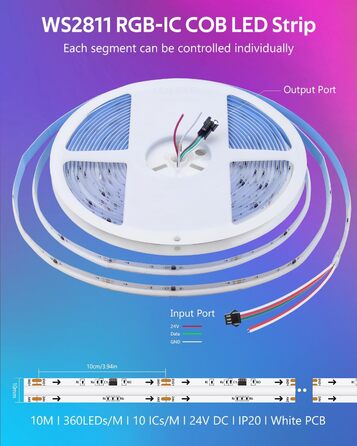 Світлодіодна стрічка ALITOVE 10M WS2811 RGBIC COB 24V 3600LED Гнучкі адресні світлодіодні ліхтарі Програмована світлодіодна стрічка для спальні Телевізор Прикраса будинку (без блоку живлення та контролера) 10м 24v Ws2811 Світлодіодна стрічка