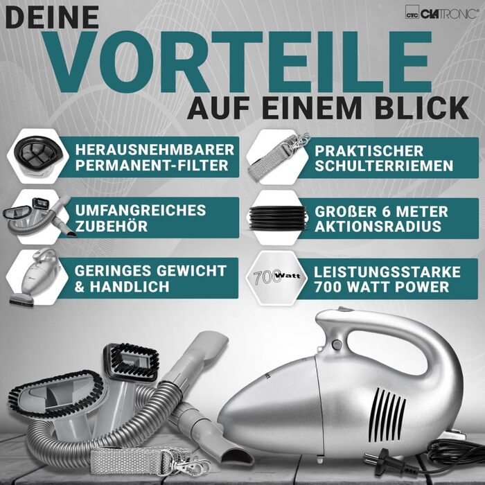 Ручний пилосос Clatronic потужністю 700 Вт та малою вагою Пилосос для прибирання оббивки, автомобілів, комп'ютерів та багато іншог