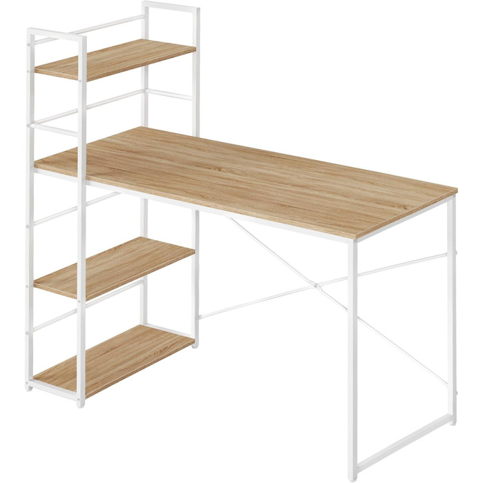 Сучасний письмовий стіл із полицею 120x44x120 см, дуб сонома/білий, 3 полиці, сталевий каркас, регульовані по висоті ніжки, комп&39ютерний стіл, домашній офіс, самостійне складання