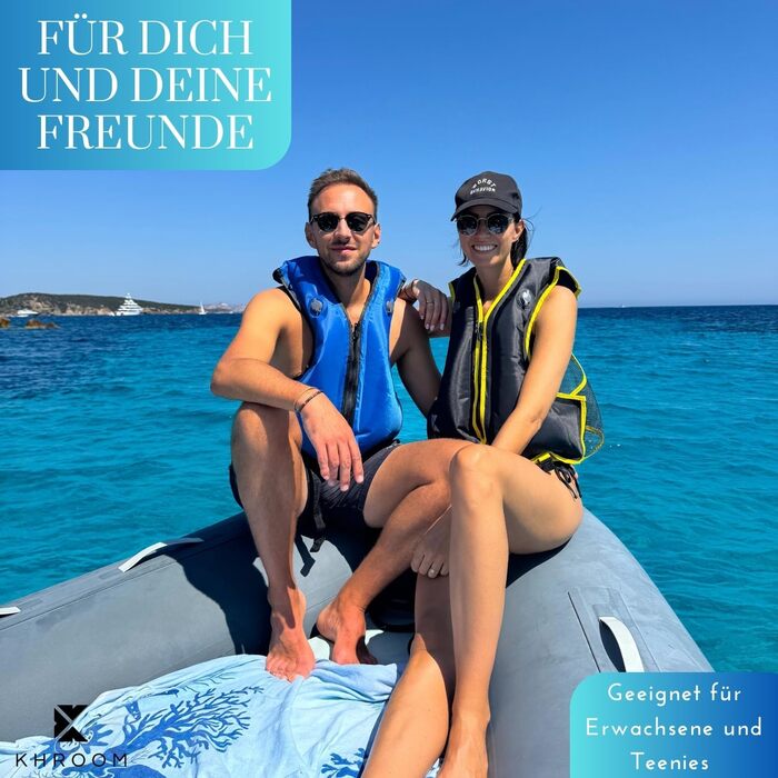 Надувний рятувальний жилет Khroom для дорослих, що відповідає останнім стандартам ЄС Зріст 150-210 см, до 100 кг Жилет для плавання, жилет для підводного плавання для підлітків та старше Сноркелінг, каякінг та SUP (V2 150-210 см, до 100 кг, синій)