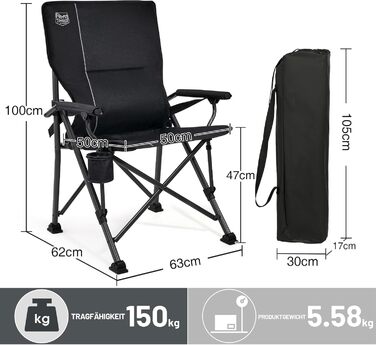 Складане кемпінгове крісло TIMBER RIDGE, вантажопідйомність 150 кг, регульована поперекова опора, складне крісло з підсклянником, сумка для перенесення, крісло для риболовлі, складне крісло, крісло з високою спинкою для кемпінгу, саду, балкону, пікніка, ч