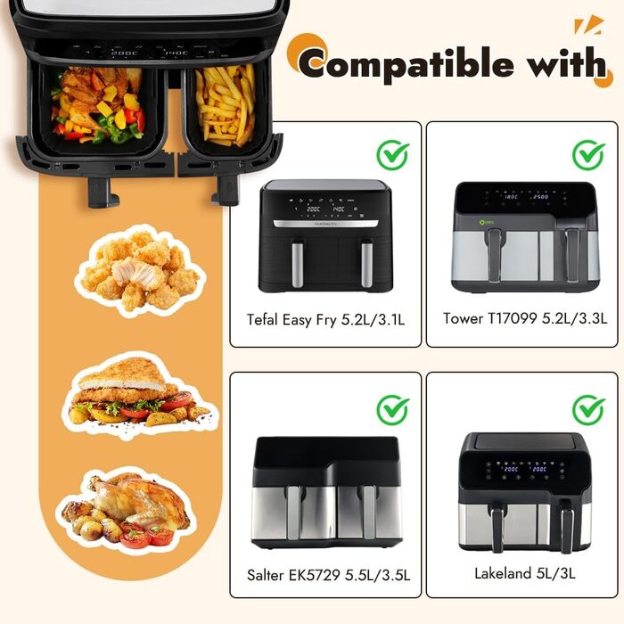 Силіконові вставки GINOYA для кошиків Tefal EY9018 Dual Easy Fry 5.2/3.1 л, Moulinex 8.3 л, Cecotec 5.5/3.5 л, DMS 6L/4L, фритюрниці Аксесуари для двокамерної фритюрниці Dual Black, силіконова форма