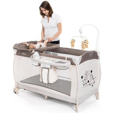 Дорожнє ліжечко Hauck Babycenter Zoo - вкл. вкладиш для новонароджених, пеленальний килимок, ігрова арка з музичним мобілем, лоток для зберігання, колеса, матрац, сумка для перенесення (регульована по висоті та складається) - 120x60 см